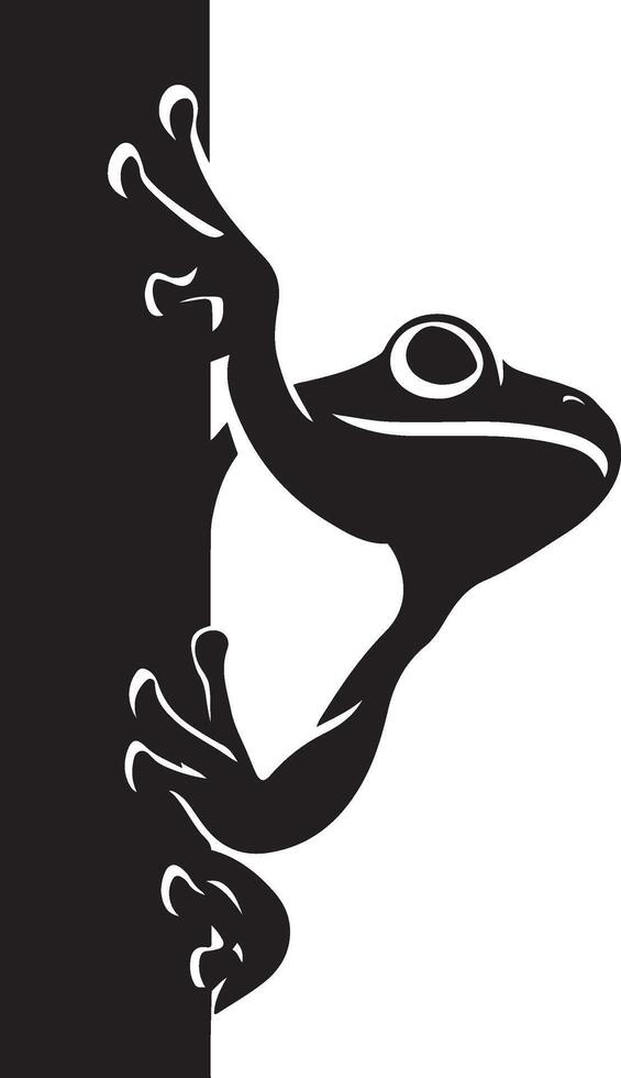 Frog peeking around post illustration, Cute frog black white playful pose vector