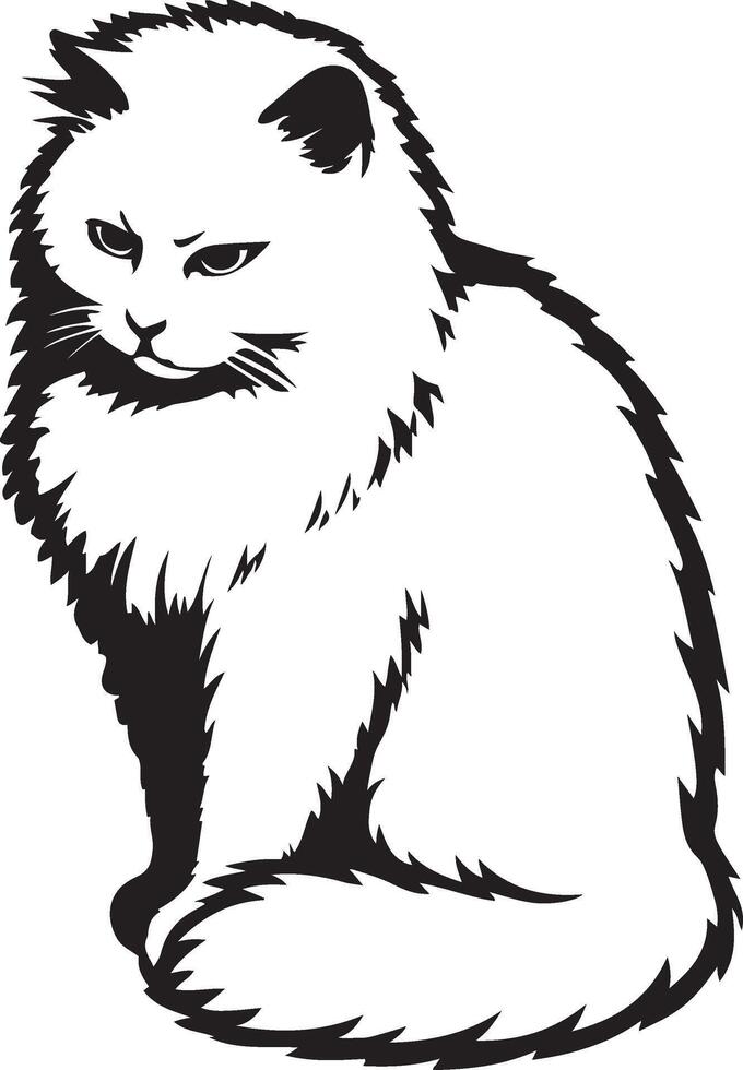 Persian cat elegant black and white line art, Fluffy cat detailed illustration vector