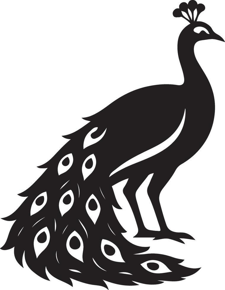 Peacock black and white elegant, Fancy bird tail spread minimal illustration vector