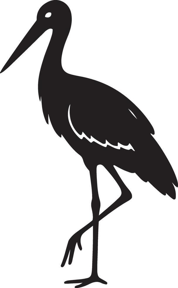 Stork black silhouette clean design, Wading bird standing minimal art vector