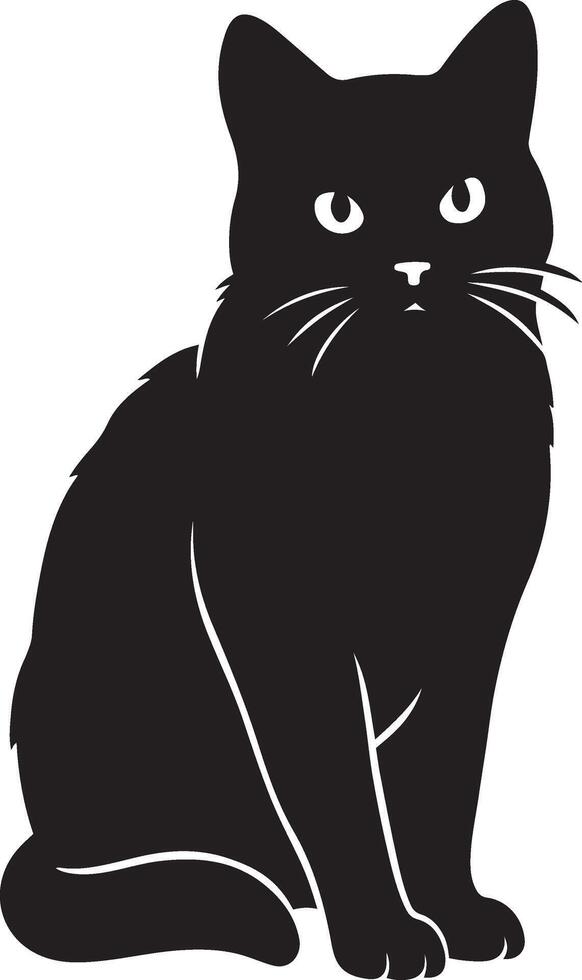 Sitting black cat simple silhouette design, Calm feline illustration black white vector