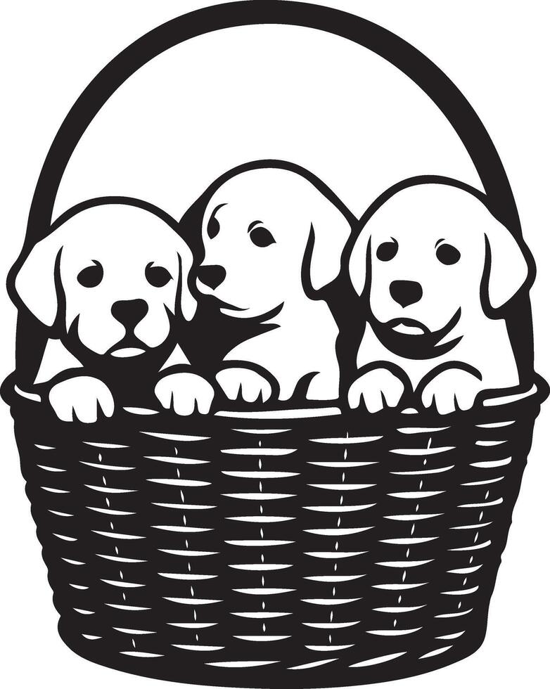 Puppies in basket cute animal illustration, Adorable pet scene for stock photos vector