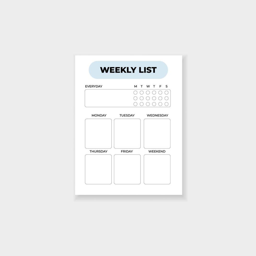 Weekly list planner template with days of the week for efficient organization and planning vector