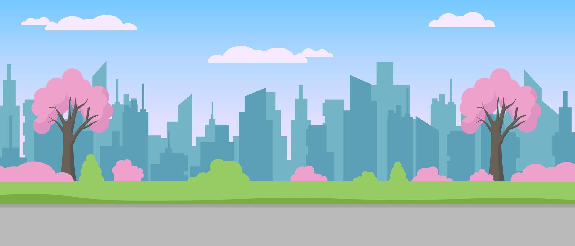 City panoramic view with silhouette of buildings and spring trees in the foreground vector