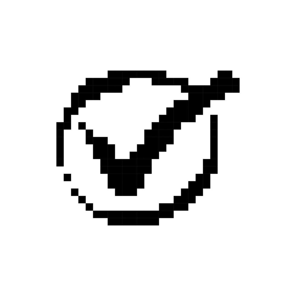 Mosaic pixel art. black and white checkmark icon with retro pixelated style design vector