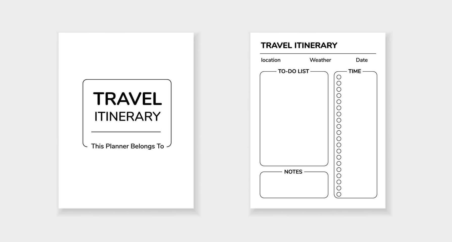 Simple printable travel itinerary form with to do list and notes sections for easy planning vector