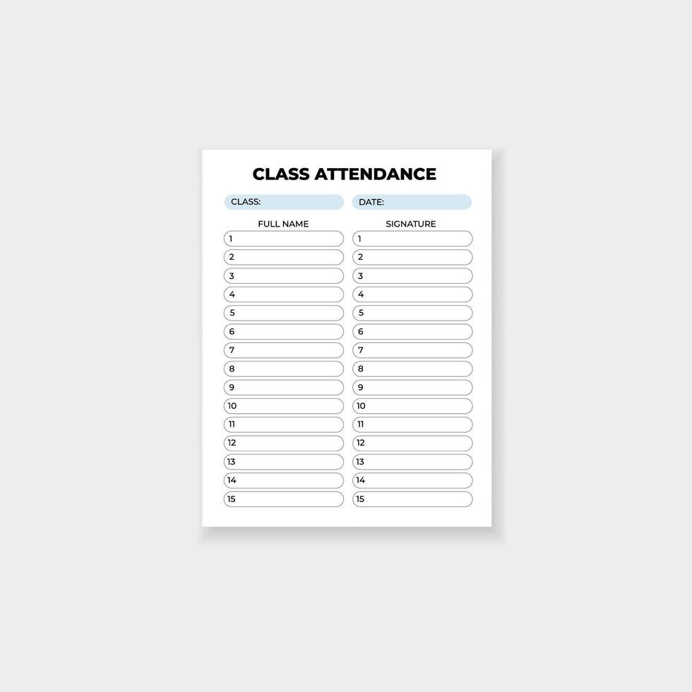 Class attendance template for tracking names and signatures in school or training sessions vector