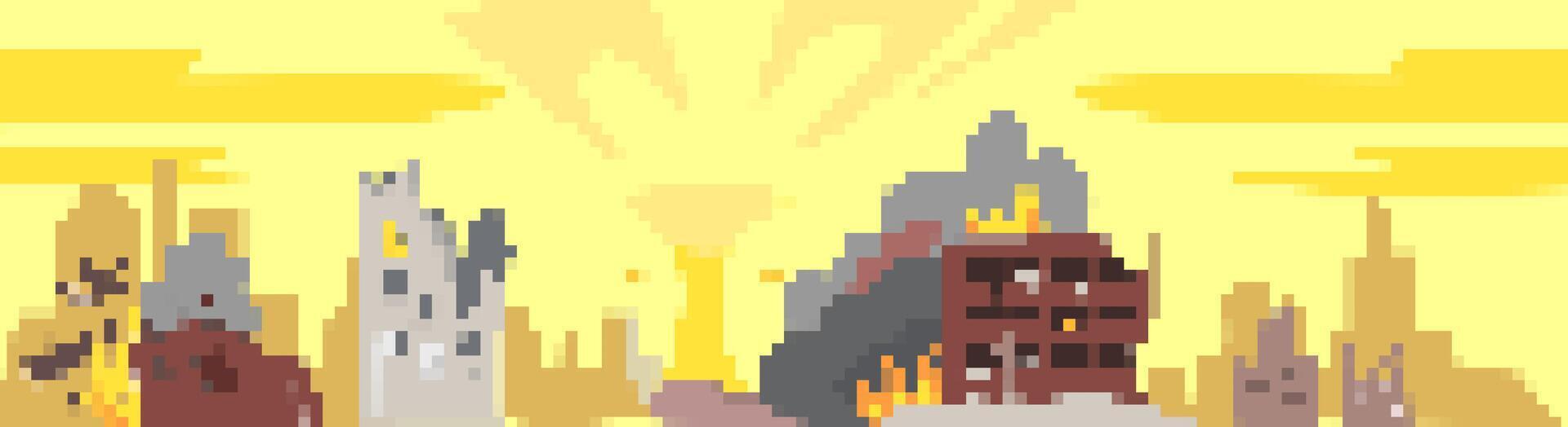Mosaic pixel art cityscape with burning buildings in retro pixel style vector