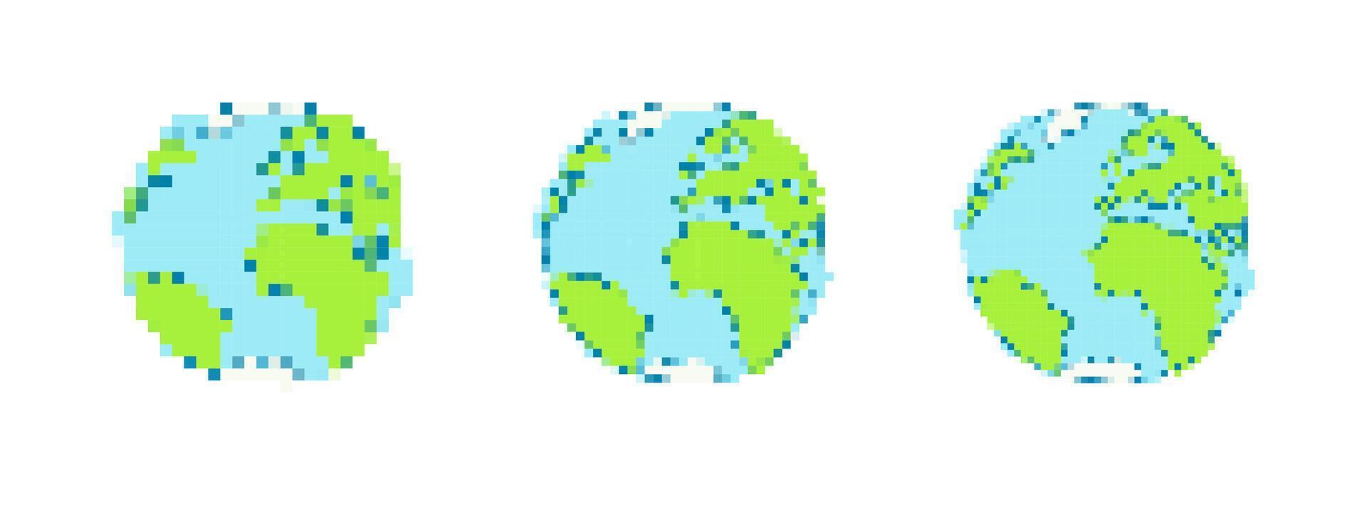 Mosaic pixel art style earth icons with retro game design elements vector