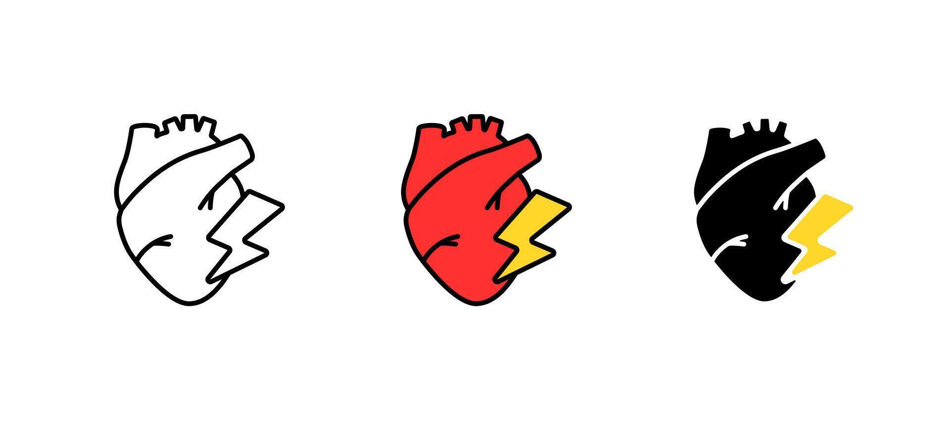 Heart with bold lightning bolt motif in three color variations explores dynamic energy vector
