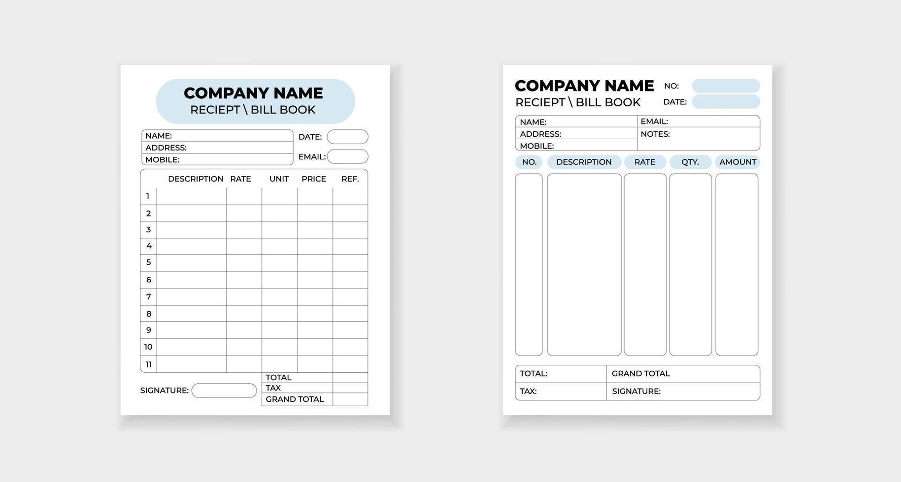 Printable receipt form templates for billing and financial organization vector