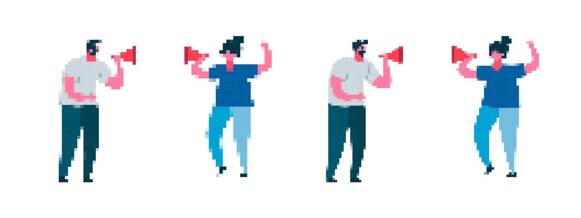 Mosaic pixel art characters with megaphones in dynamic communication poses vector
