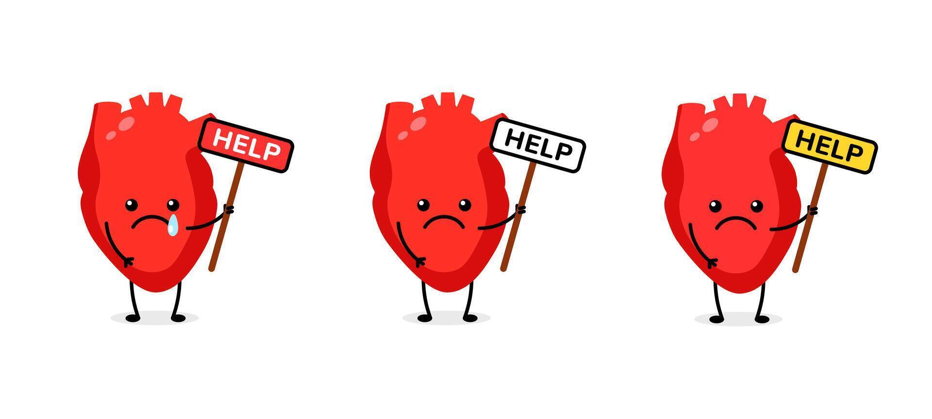 Heart with sad expression holding help signs in different colors and styles vector