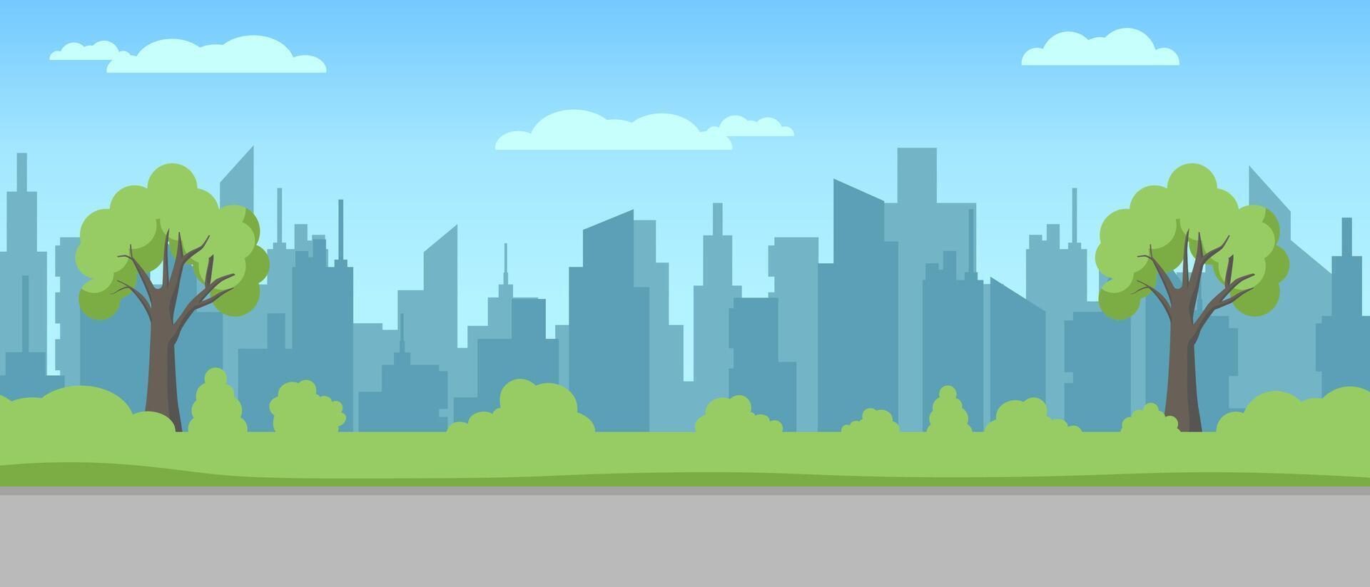 City panorama with trees and silhouetted buildings under a bright blue sky with clouds vector