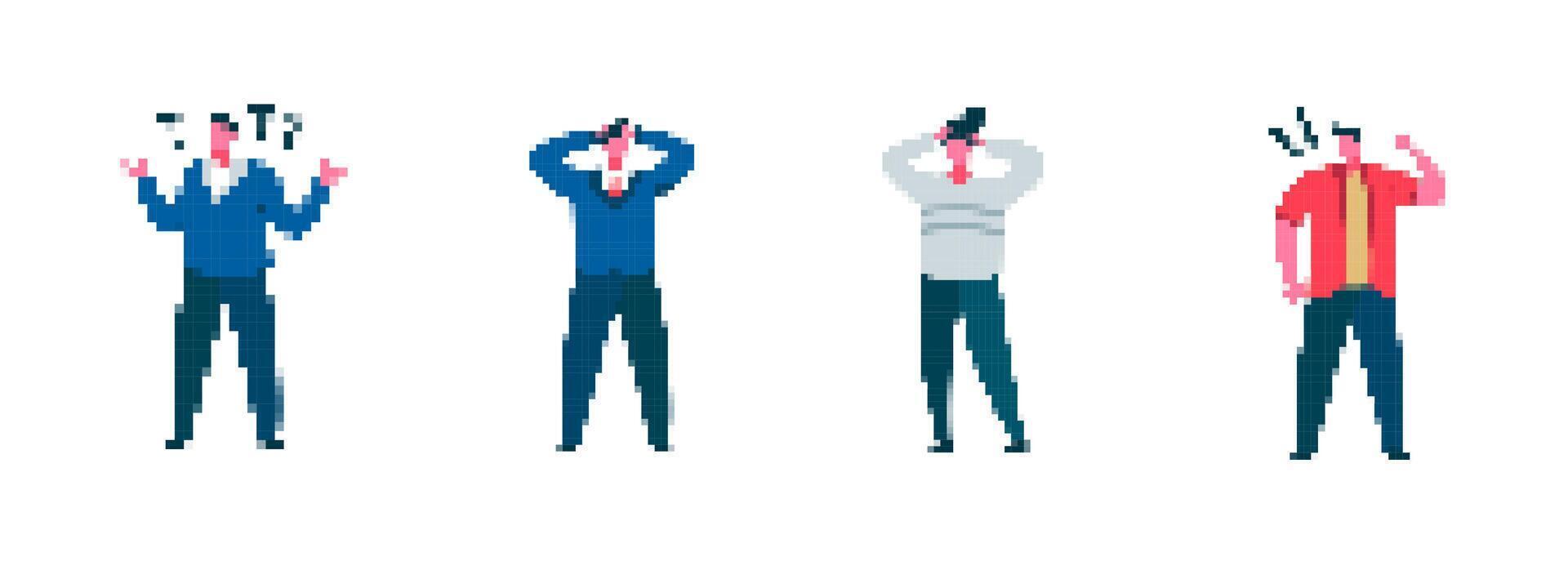 Mosaic pixel figures displaying cartoon exclamations and expressive gestures in a fun style vector