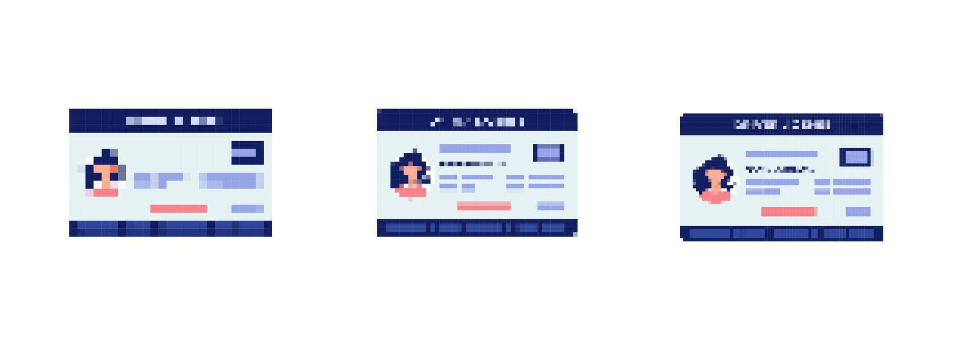 Pixel mosaic id designs with blue headers and various information layout styles vector