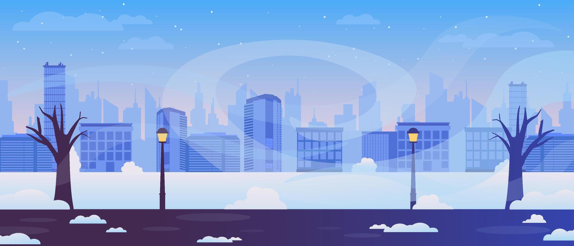 Winter city panorama with snowy urban skyline and bare trees silhouette vector