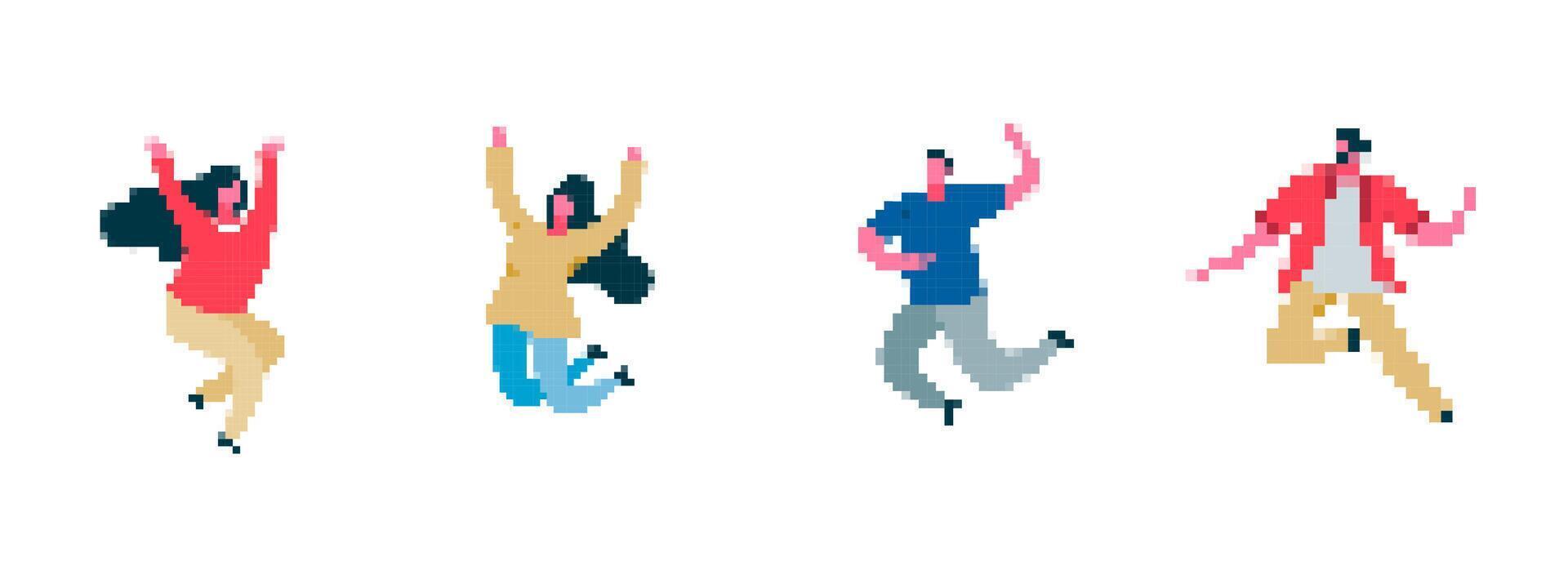 Mosaic pixel art icons of joyful people jumping in excited fun poses vector
