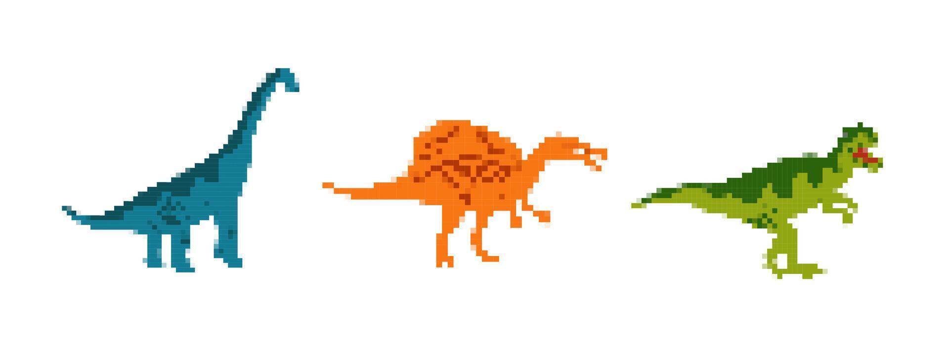 Mosaic pixel dinosaurs collection in retro pixel art design vector