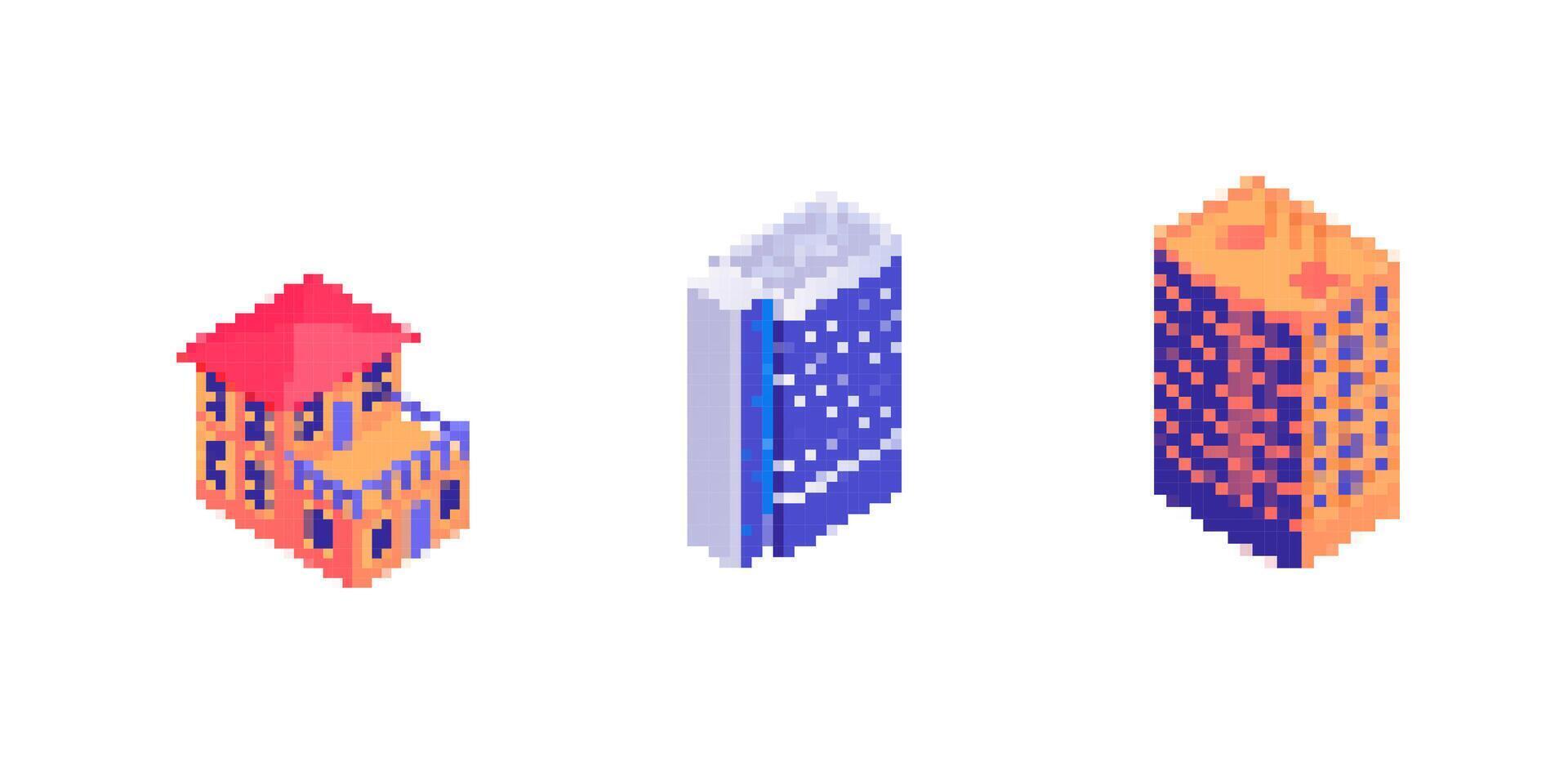 Mosaic icons of pixel art buildings with red roofs and blue structures vector