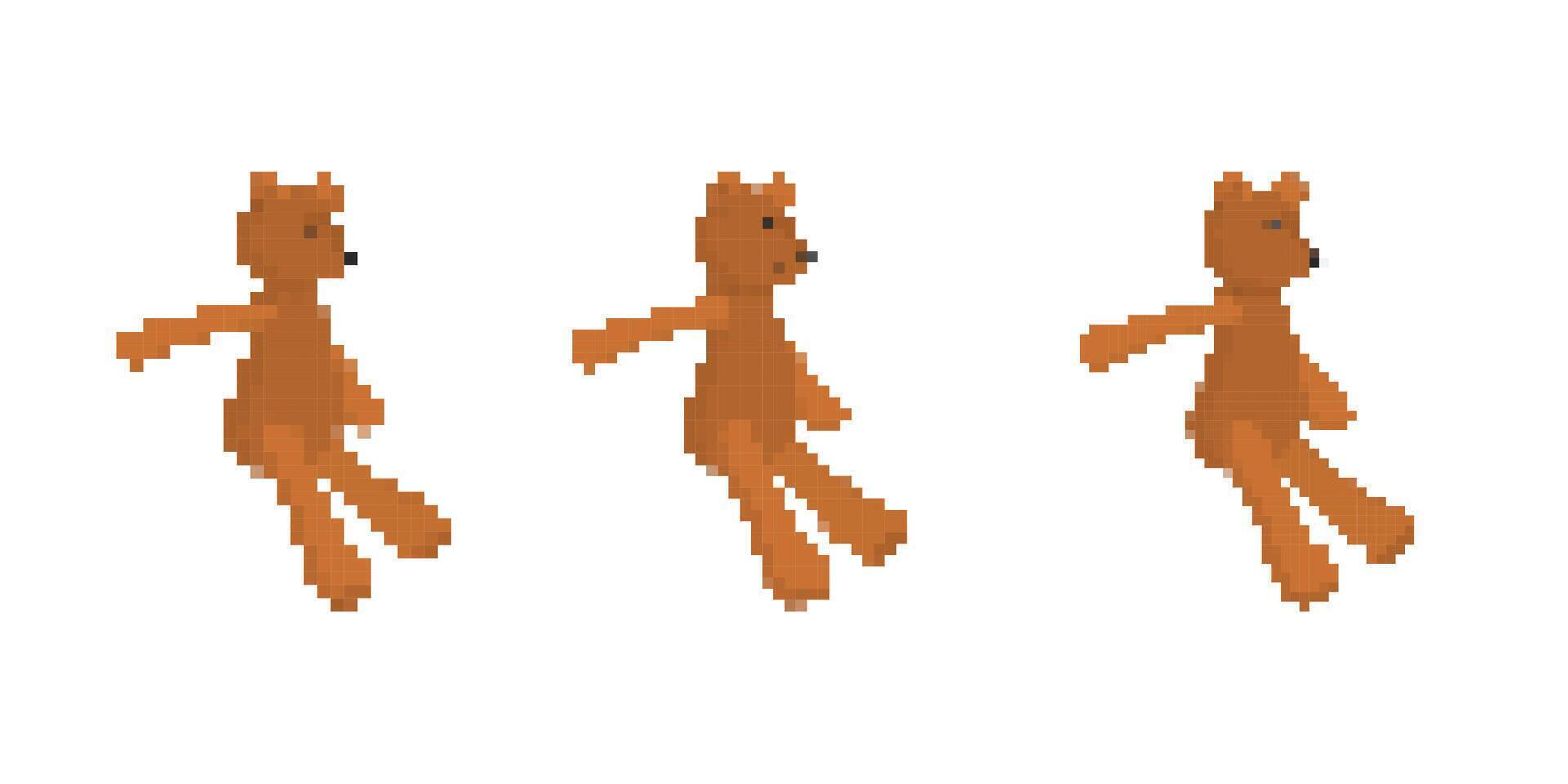 Mosaic pixel brown teddy bear trio in simple side pose with animated retro game appearance vector
