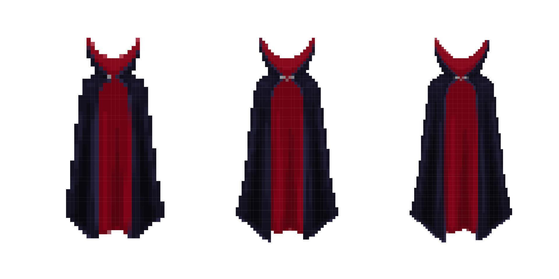 Mosaic pixel style dark cape icons with red and black colors in retro gaming design vector