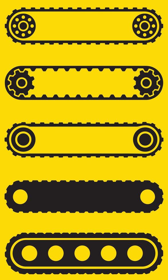 Collection of black conveyor belt and track flat cons vector