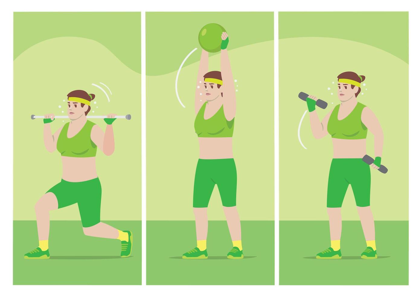 Woman Performing Different Exercises Workout Bar, Dumbbell Curls, and Balance Ball vector