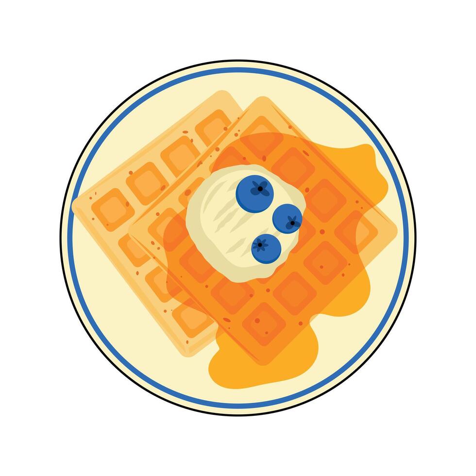 A Stack of Belgian Waffles on a Plate with Ice Cream, Syrup and Berries. vector