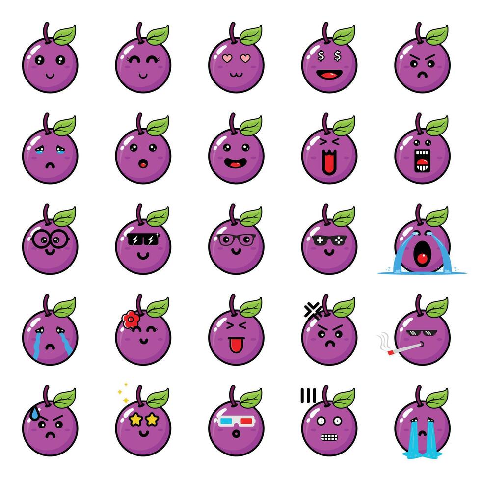 A set of purple plums with different expressions vector