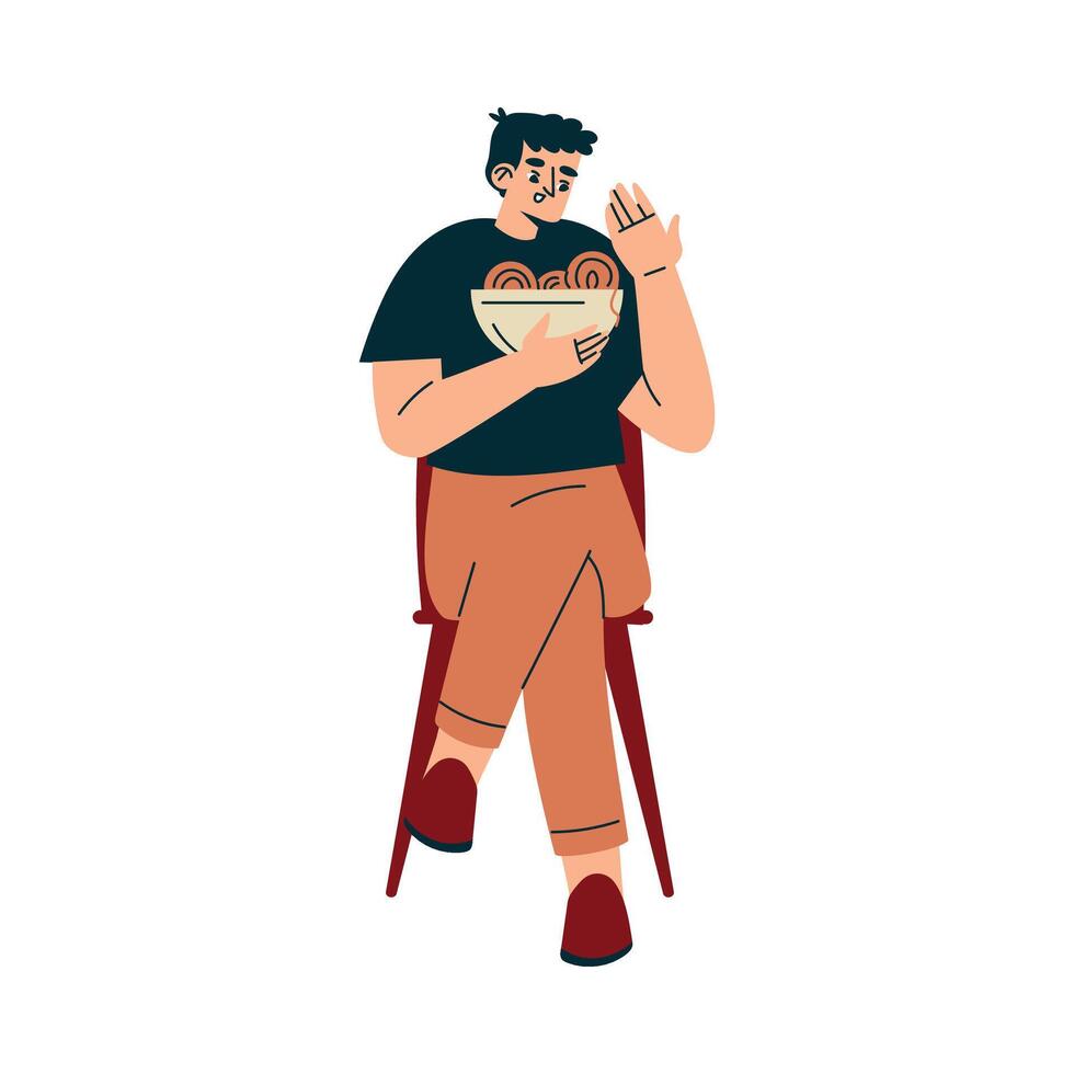 Man Character in Cafe Sitting on Chair with Noodle Bowl Eat Food Illustration vector