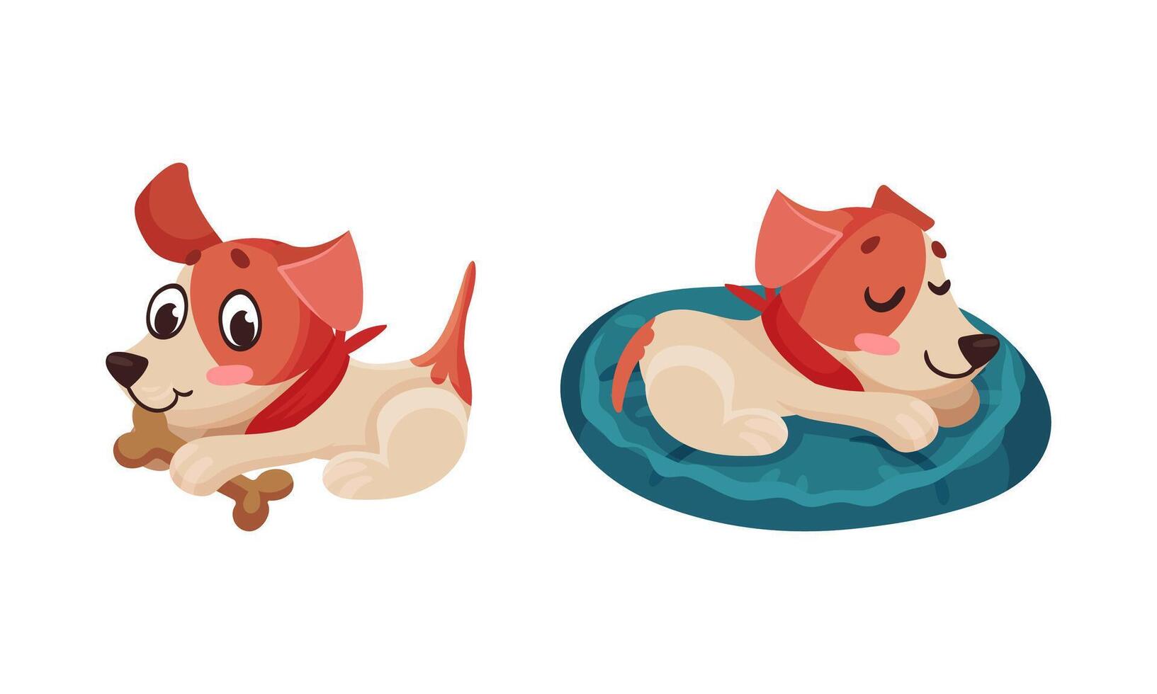 Cute puppy daily routine set. Adorable little pet animal eating and sleeping cartoon illustration vector