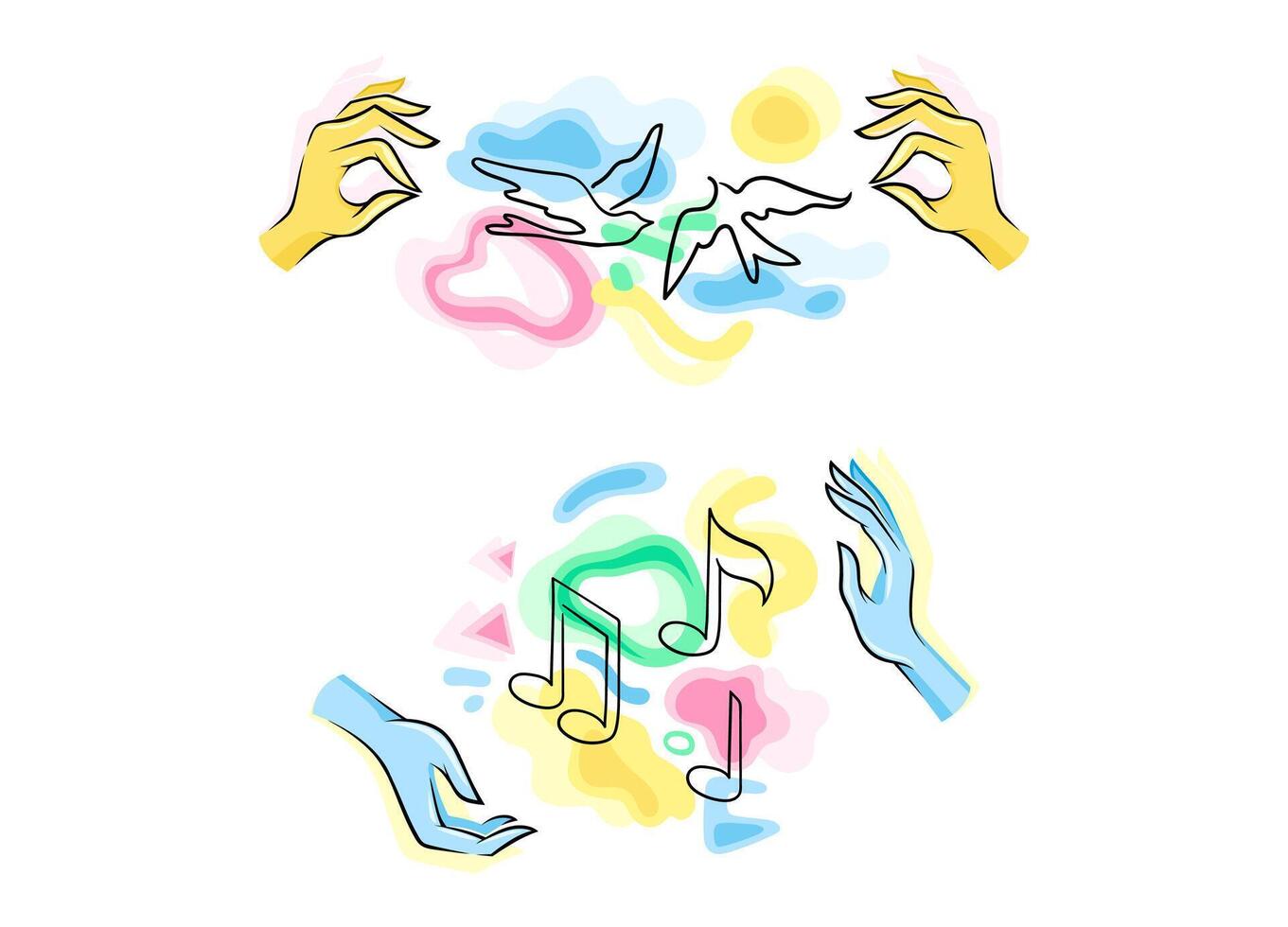 Ecology and environment protection set. Human hands with music notes and birds hand drawn illustration vector