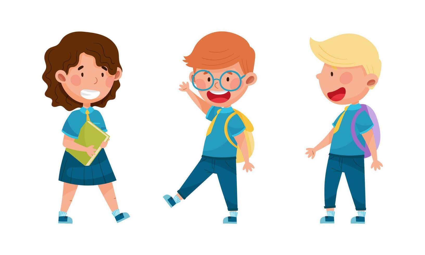 Cute kids in blue school uniform set. Cheerful pupils with backpacks and books cartoon illustration vector