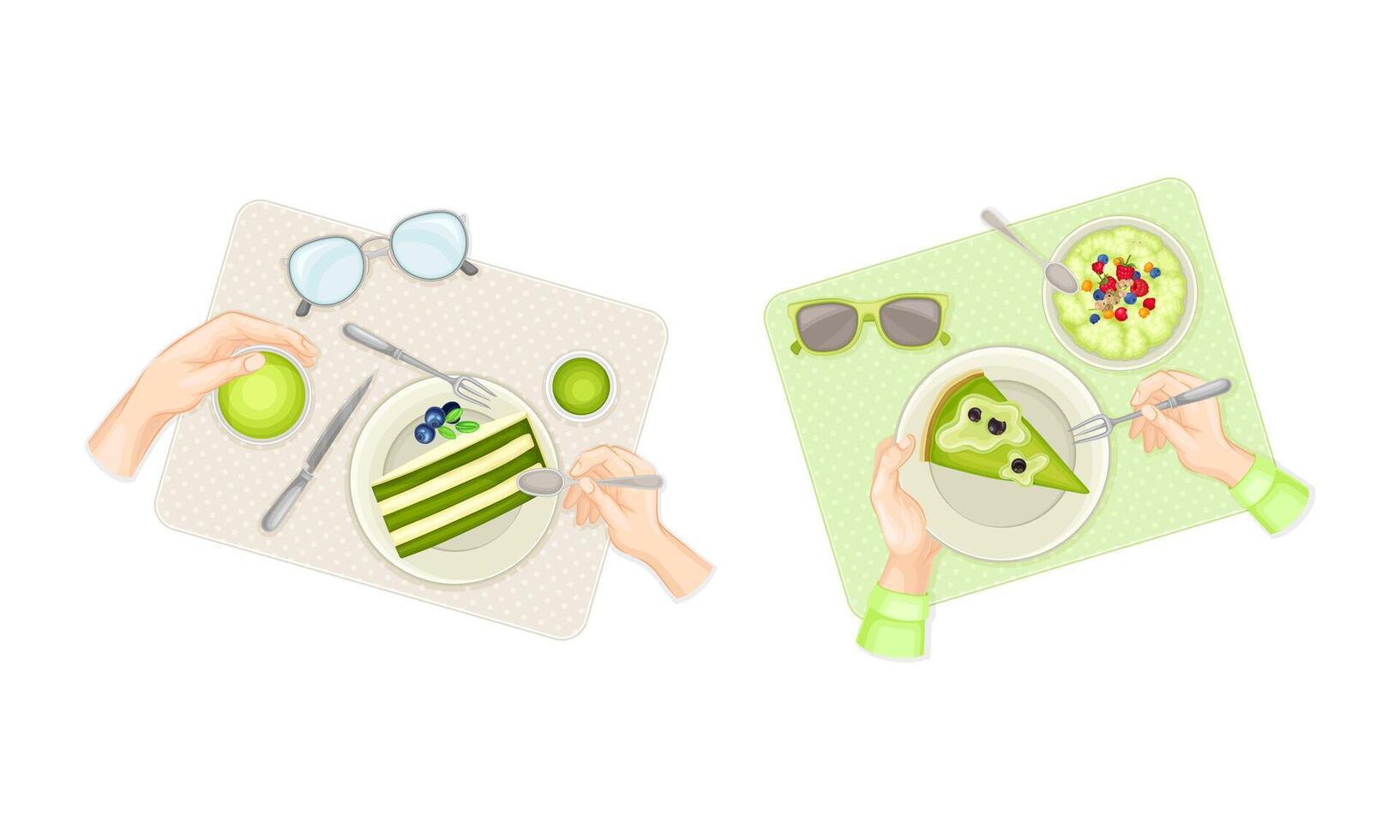 View from above of female hands and delicious matcha tea desserts set illustration vector