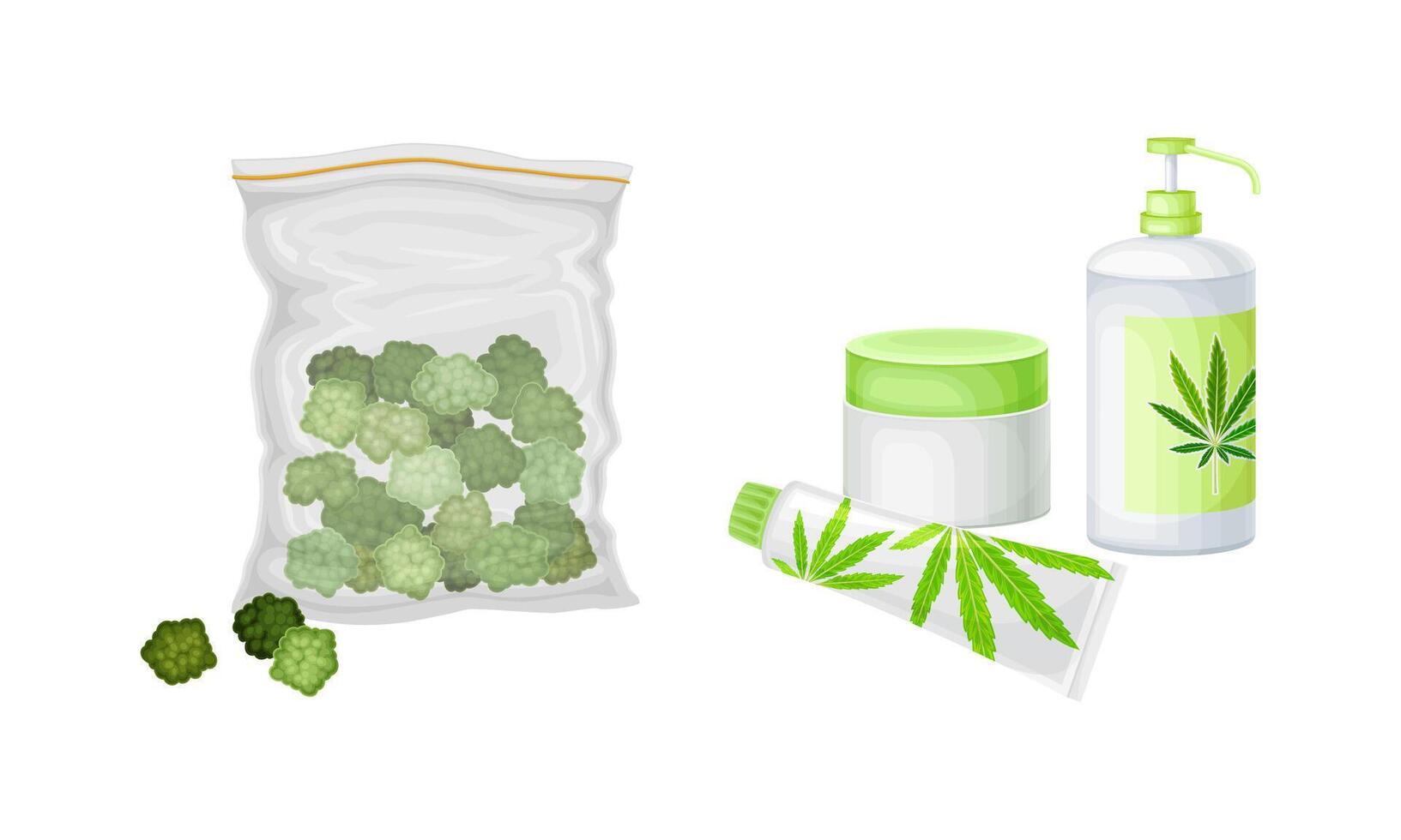 Cannabis hemp processing products set. Cosmetics production illustration vector