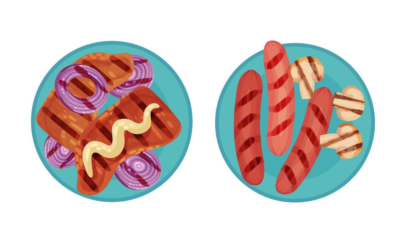 Grilled food set. Meat steak and sausage served on plates. Top view of delicious dishes for barbecue party menu illustration vector