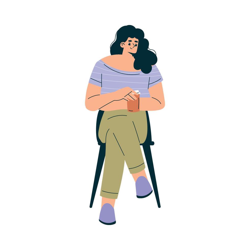 Woman Character in Cafe Sitting on Chair with Coffee Cup Illustration vector