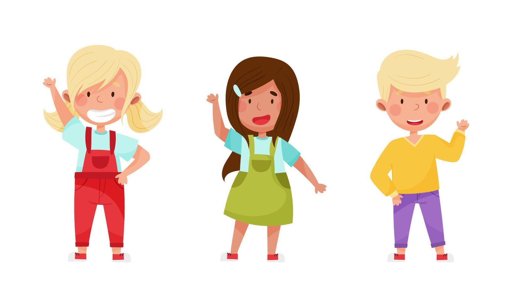 Set of children waving their hands in greeting. Cheerful kids standing with hand raised cartoon illustration vector