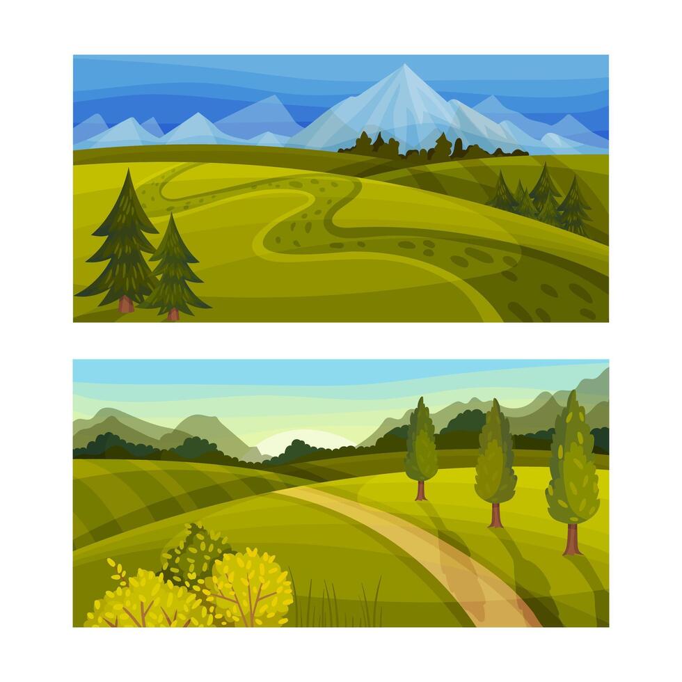 Beautiful summer landscape set. Scenic nature scenes with green hills and trees illustration vector