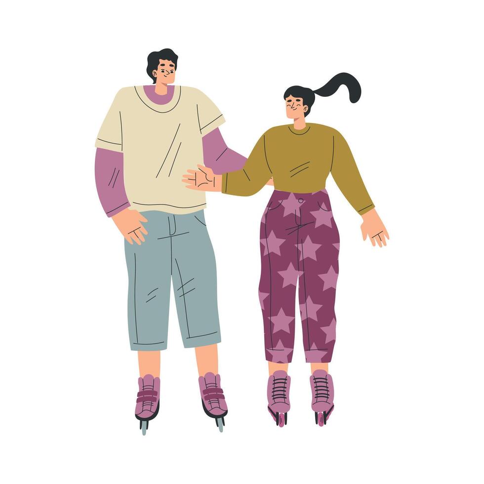 Man and Woman Character Roller Skating Ride on Rollers Illustration vector