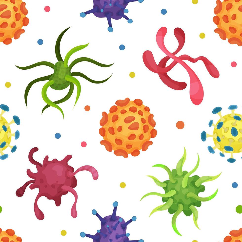 Virus, bacteria and microbe seamless pattern. Bacteriological microorganisms background, wallpaper, cover, textile, packaging illustration vector