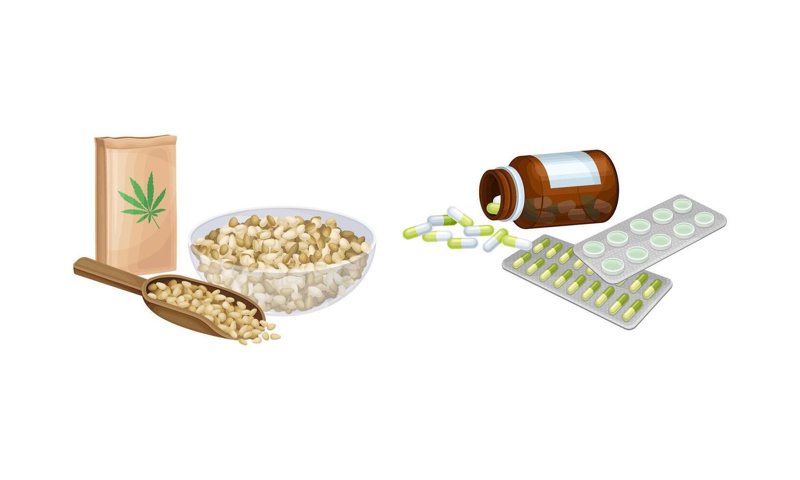 Cannabis hemp processing products set. Seeds and pills illustration vector