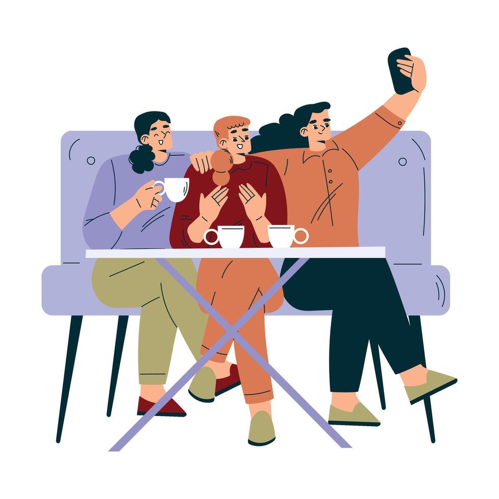 Woman in the Cafe Sitting at Table Enjoy Drink and Take Selfie Illustration vector