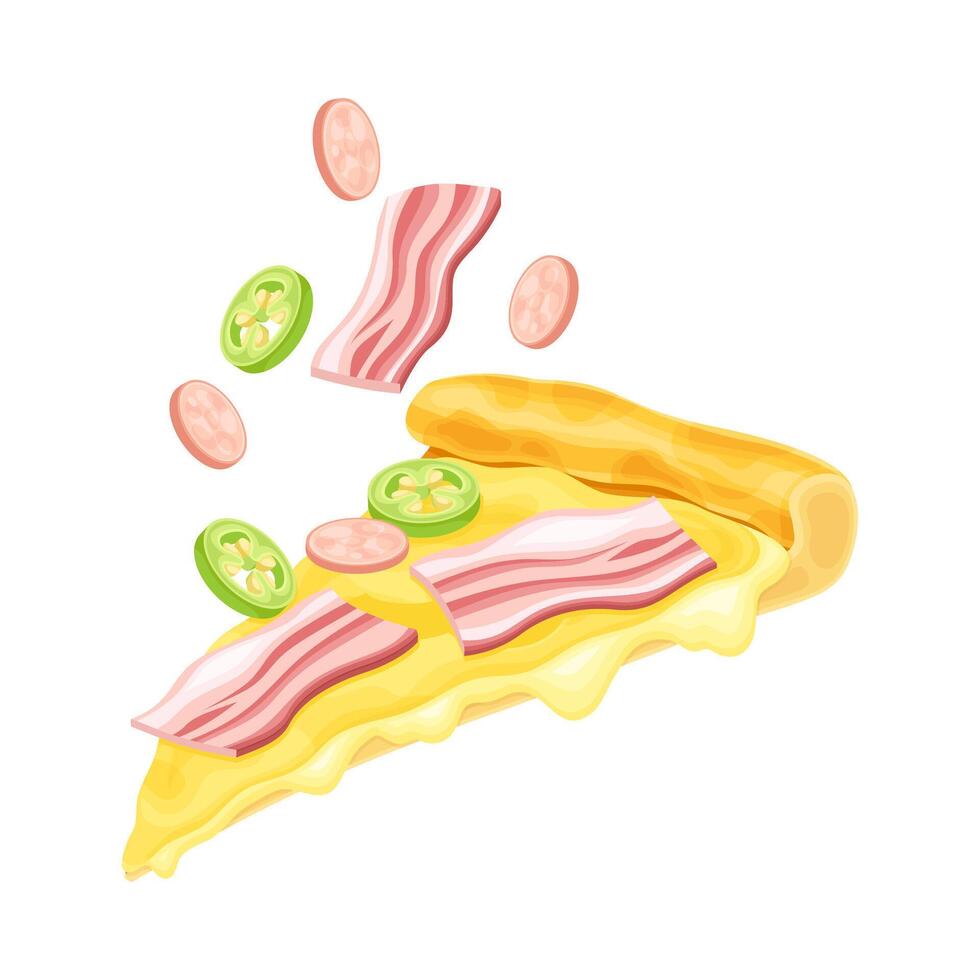 Slice of pizza with bacon, salami and pepper. Tasty Italian fast food illustration vector