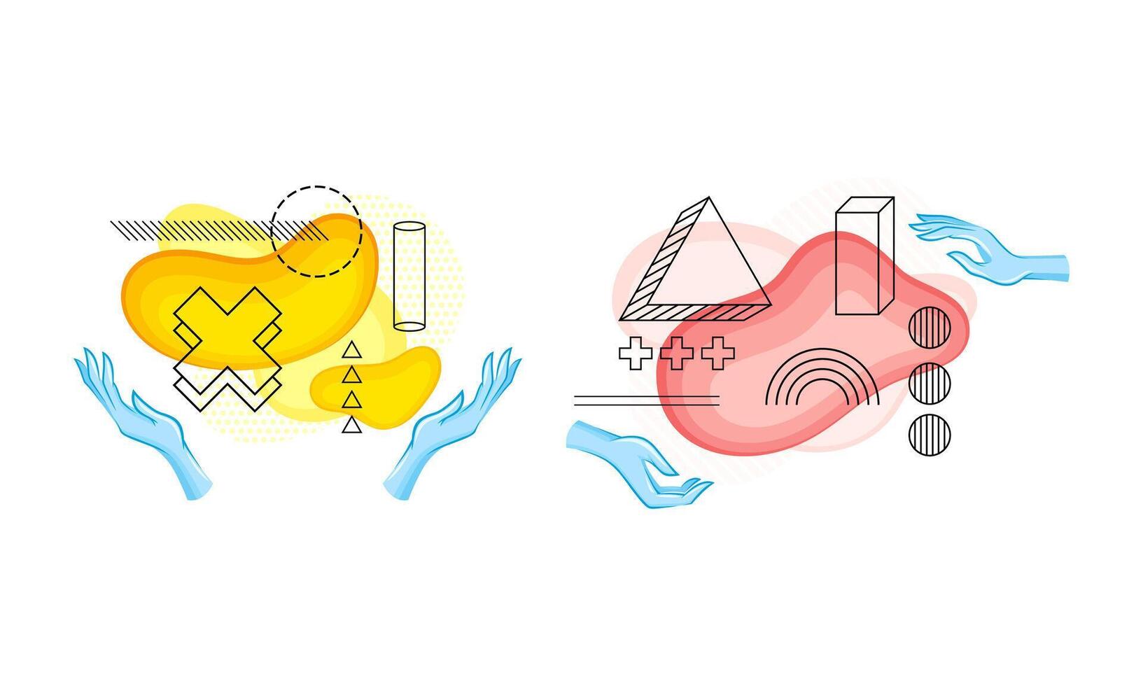Human hands with contours of geometric shapes and abstract colorful blobs set illustration vector