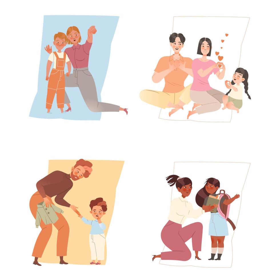 Parents communicating with their children. Moms and dads supporting their children and spending time together illustration vector