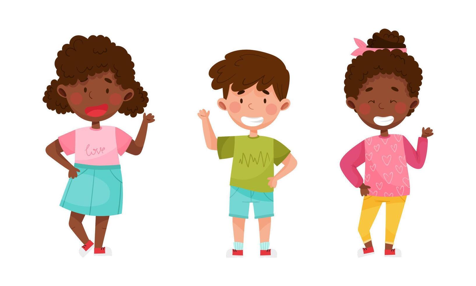Set of multiracial children waving their hands in greeting. Boys and girls standing with hand raised cartoon illustration vector