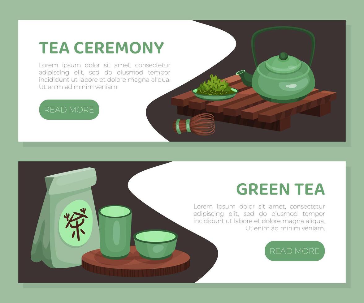 Tea ceremony web banners set. Green tea, traditional Japanese and Chinese tea ceremony utensils and accessories landing page vector