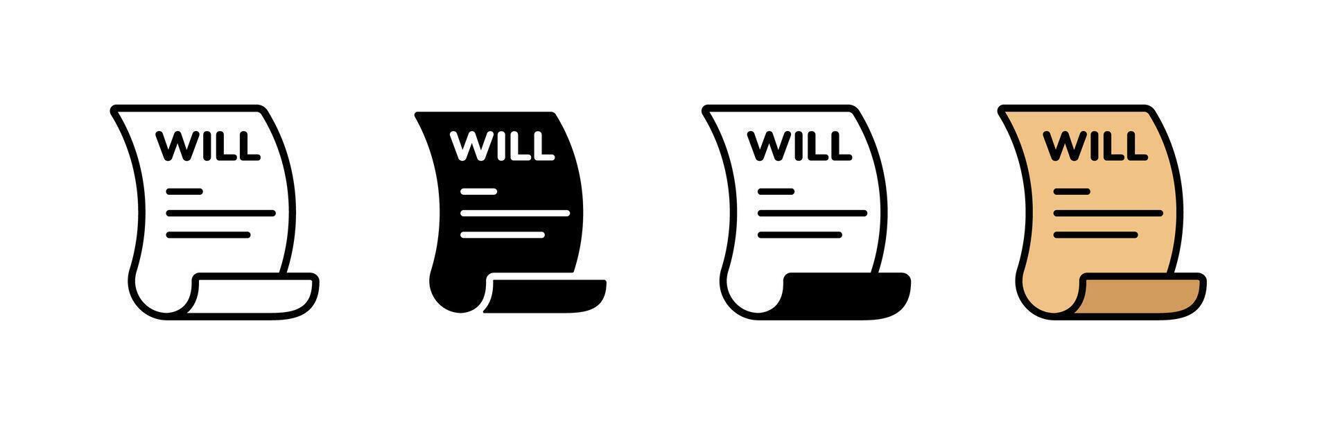 Icon set featuring will legal document in outline and filled styles in different colors vector
